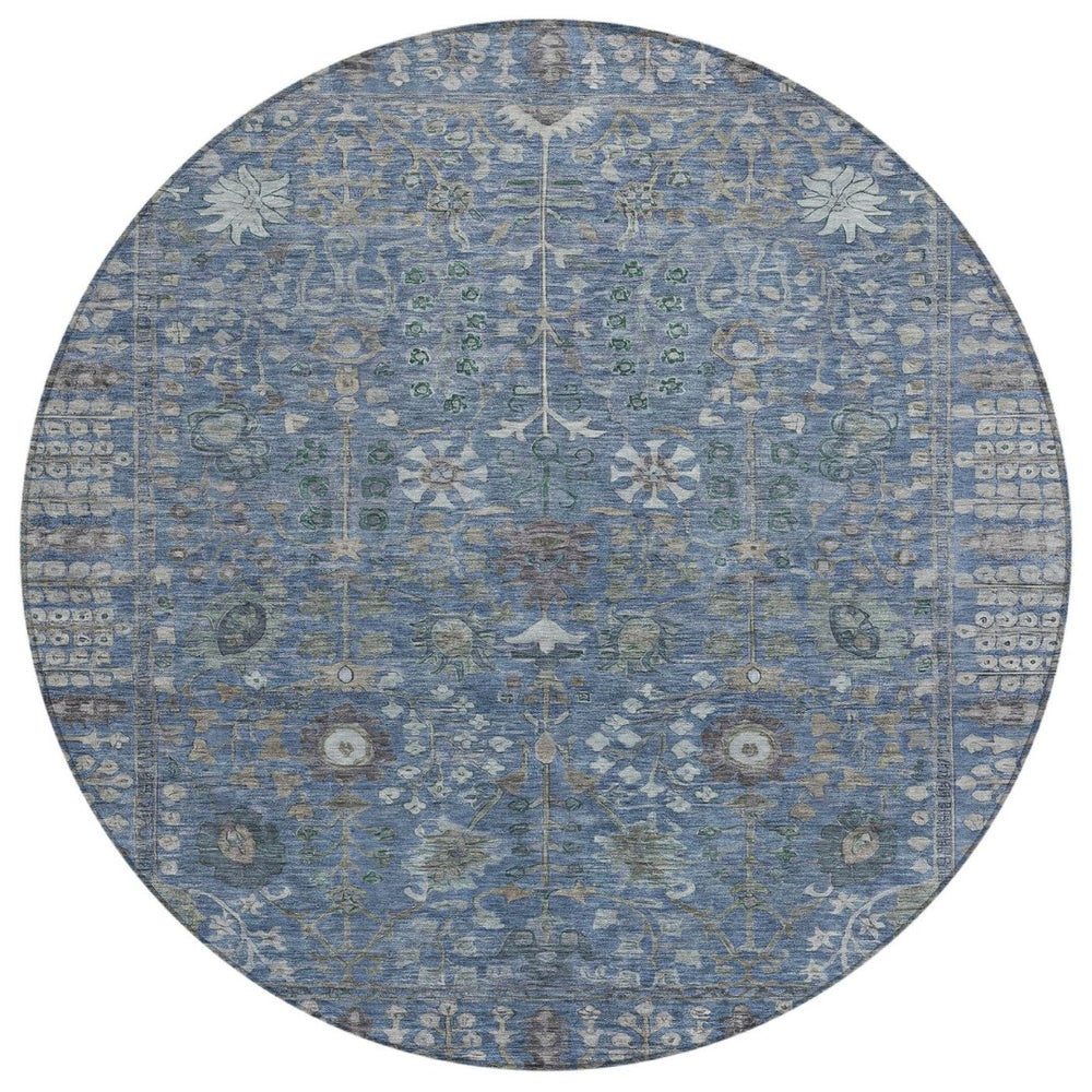 HomeRoots 8' Blue And Ivory Round Floral Area Rug - Durable, Washable Design for Indoor/Outdoor Elegance 639553