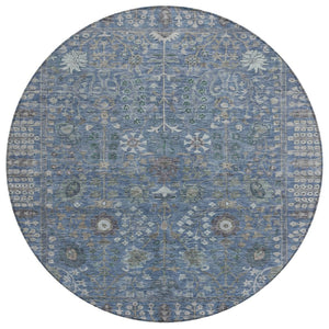 HomeRoots 8' Blue And Ivory Round Floral Area Rug - Durable, Washable Design for Indoor/Outdoor Elegance 639553