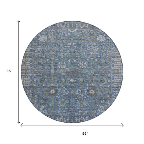 HomeRoots 8' Blue And Ivory Round Floral Area Rug - Durable, Washable Design for Indoor/Outdoor Elegance 639553