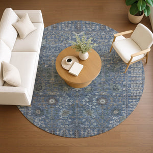 HomeRoots 8' Blue And Ivory Round Floral Area Rug - Durable, Washable Design for Indoor/Outdoor Elegance 639553