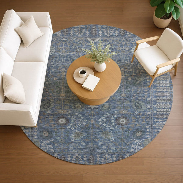 HomeRoots 8' Blue And Ivory Round Floral Area Rug - Durable, Washable Design for Indoor/Outdoor Elegance 639553