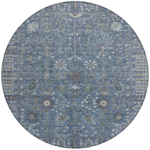 HomeRoots 8' Blue And Ivory Round Floral Area Rug - Durable, Washable Design for Indoor/Outdoor Elegance 639553