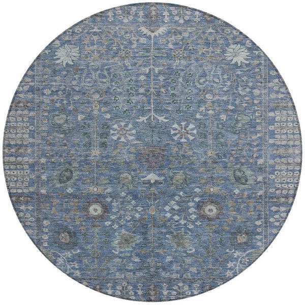 HomeRoots 8' Blue And Ivory Round Floral Area Rug - Durable, Washable Design for Indoor/Outdoor Elegance 639553