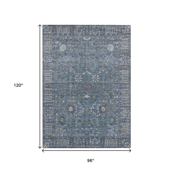 HomeRoots 8' X 10' Blue and Ivory Floral Washable Area Rug - Durable, Stain Resistant, Indoor/Outdoor Use 639554