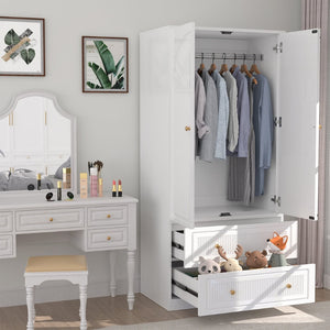 English Elm Armoire Wardrobe with Soft Close Doors Two Drawers Mdf Wood Bedroom Storage White T3773P416712