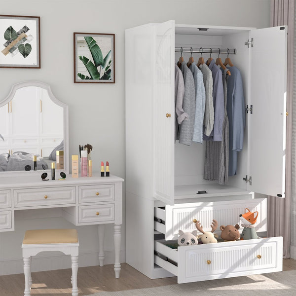 English Elm Armoire Wardrobe with Soft Close Doors Two Drawers Mdf Wood Bedroom Storage White T3773P416712