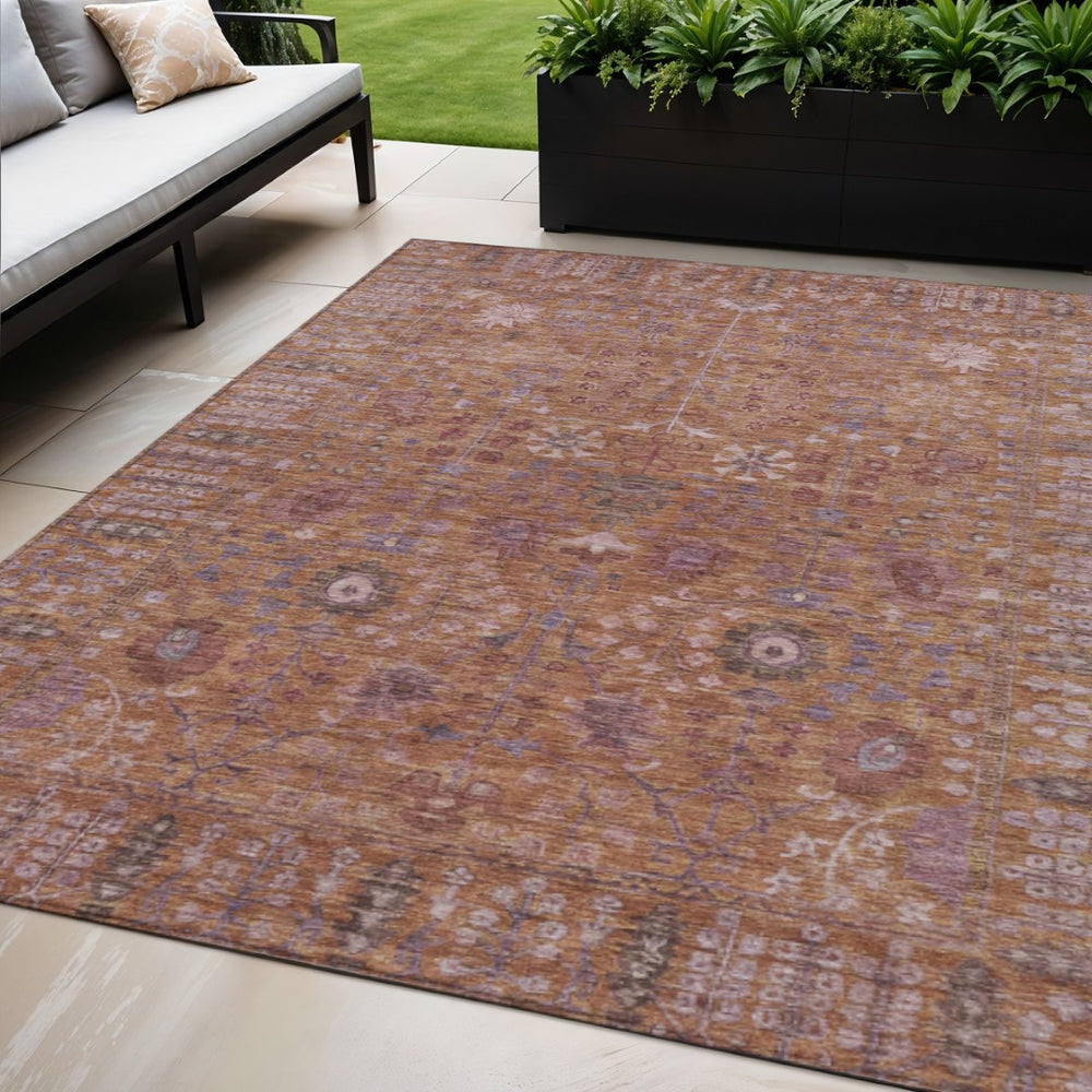 HomeRoots 5' Copper & Purple Floral Washable Area Rug - Durable Indoor/Outdoor Design for High Traffic Spaces 639558