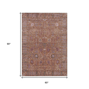 HomeRoots 5' Copper & Purple Floral Washable Area Rug - Durable Indoor/Outdoor Design for High Traffic Spaces 639558