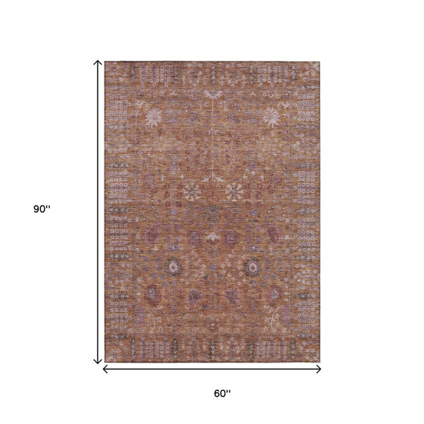HomeRoots 5' Copper & Purple Floral Washable Area Rug - Durable Indoor/Outdoor Design for High Traffic Spaces 639558