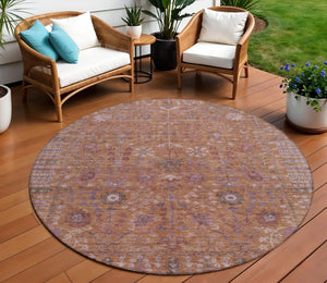 HomeRoots 8' Copper and Purple Round Floral Rug - Durable, Washable Area Rug for Indoor/Outdoor Spaces 639559