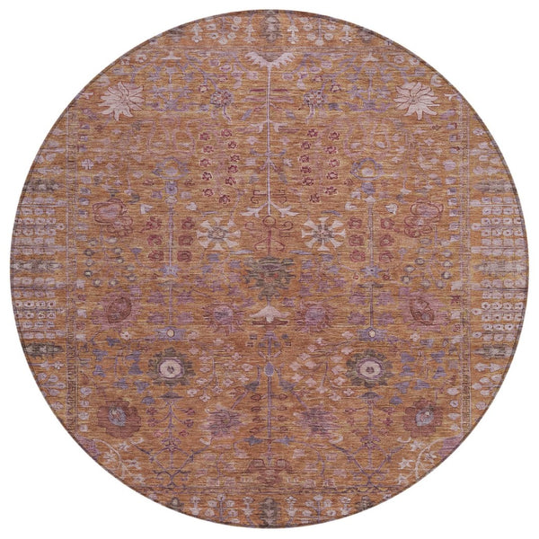 HomeRoots 8' Copper and Purple Round Floral Rug - Durable, Washable Area Rug for Indoor/Outdoor Spaces 639559