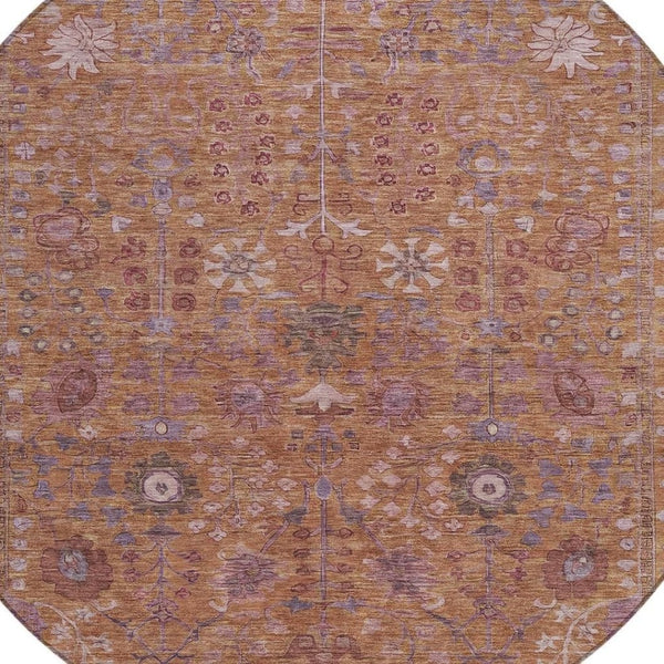HomeRoots 8' Copper and Purple Round Floral Rug - Durable, Washable Area Rug for Indoor/Outdoor Spaces 639559