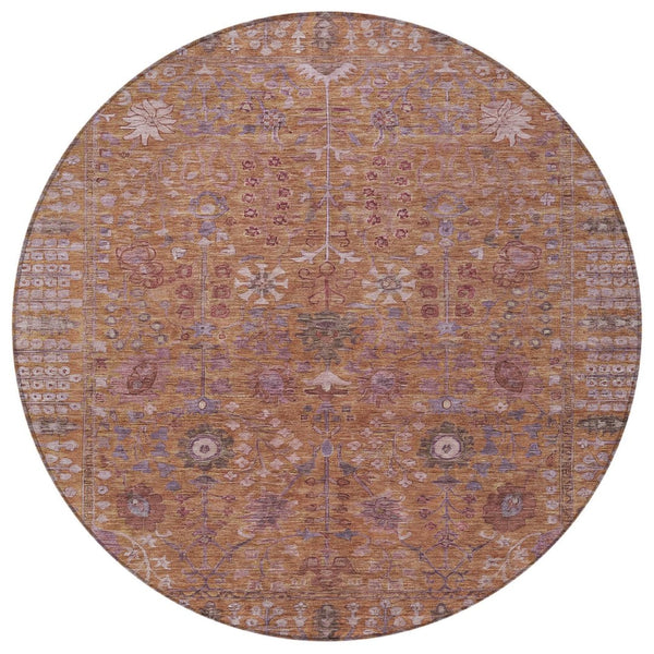HomeRoots 8' Copper and Purple Round Floral Rug - Durable, Washable Area Rug for Indoor/Outdoor Spaces 639559