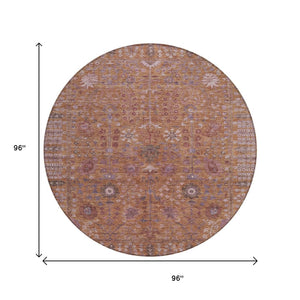 HomeRoots 8' Copper and Purple Round Floral Rug - Durable, Washable Area Rug for Indoor/Outdoor Spaces 639559
