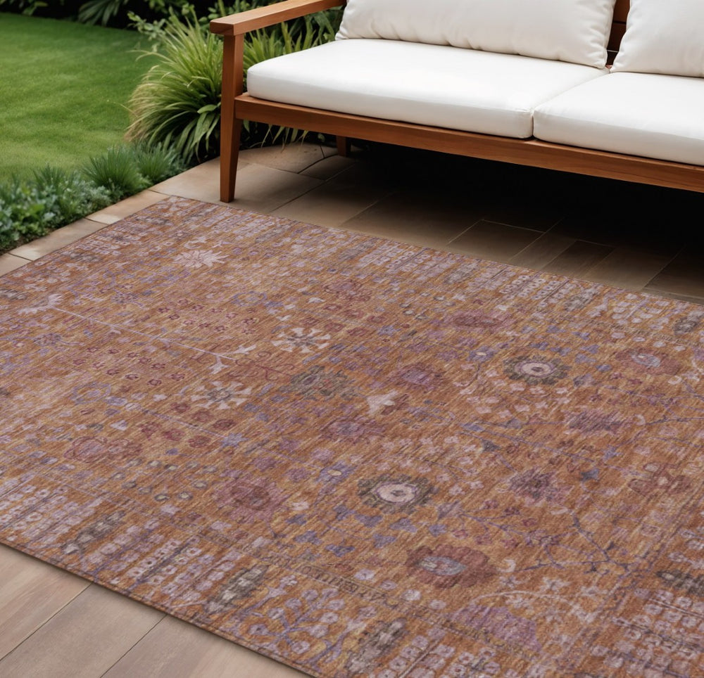 HomeRoots 8' X 10' Washable Floral Area Rug in Copper & Purple – Durable Indoor/Outdoor Elegance for Any Space 639560