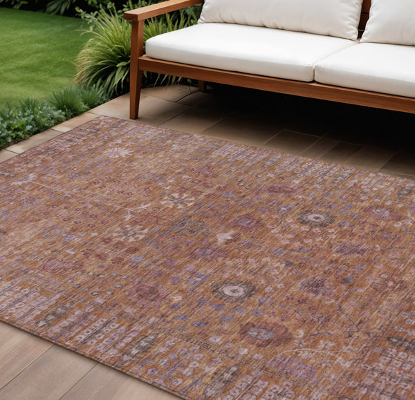 HomeRoots 9' X 12' Copper And Purple Floral Indoor Outdoor Rug - Durable, Washable & Perfect for High-Traffic Areas 639561