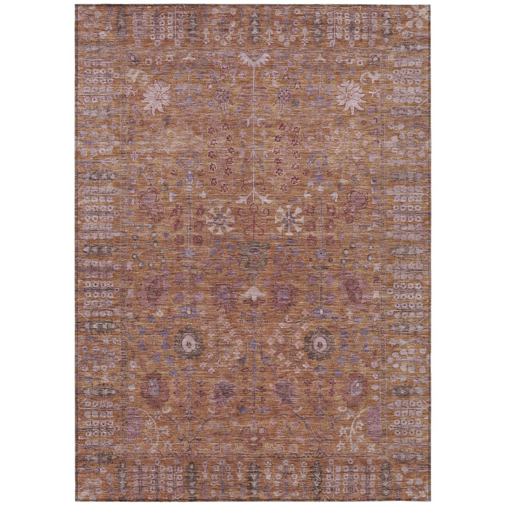 HomeRoots 9' X 12' Copper And Purple Floral Indoor Outdoor Rug - Durable, Washable & Perfect for High-Traffic Areas 639561