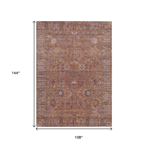 HomeRoots 9' X 12' Copper And Purple Floral Indoor Outdoor Rug - Durable, Washable & Perfect for High-Traffic Areas 639561