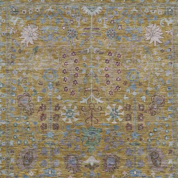 HomeRoots 5' Gold and Green Floral Area Rug - Washable, Durable, Indoor/Outdoor Design for Timeless Style 639564