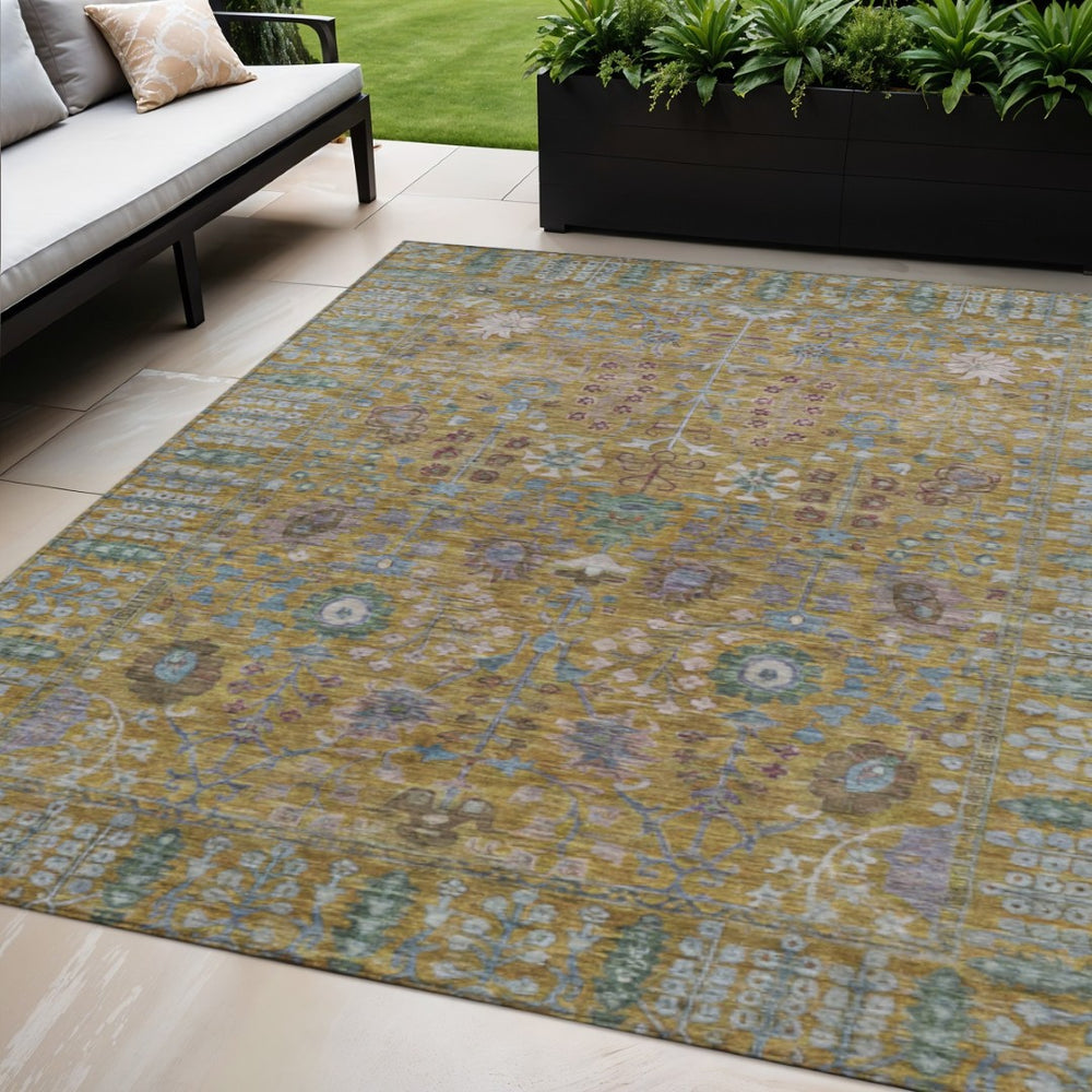 HomeRoots 5' Gold and Green Floral Area Rug - Washable, Durable, Indoor/Outdoor Design for Timeless Style 639564
