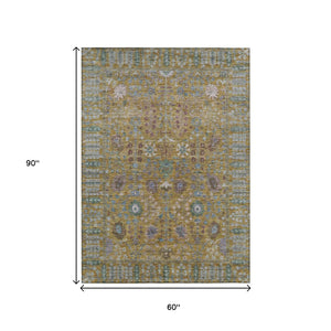 HomeRoots 5' Gold and Green Floral Area Rug - Washable, Durable, Indoor/Outdoor Design for Timeless Style 639564