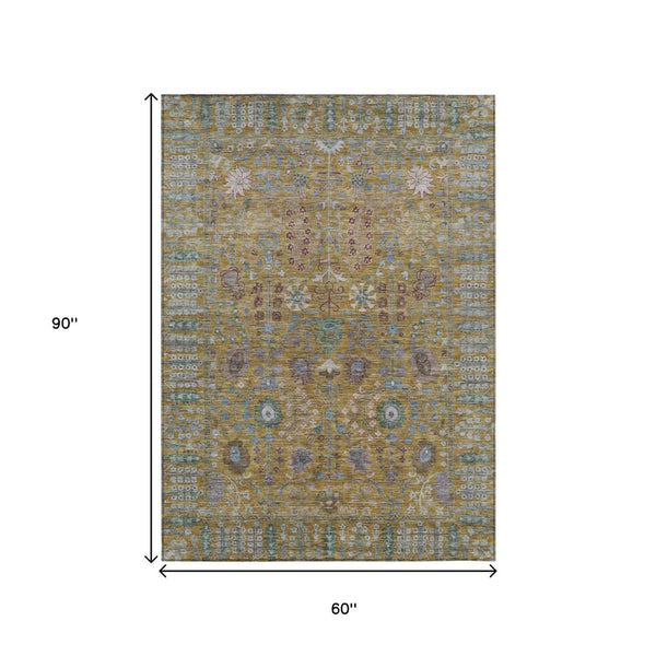 HomeRoots 5' Gold and Green Floral Area Rug - Washable, Durable, Indoor/Outdoor Design for Timeless Style 639564
