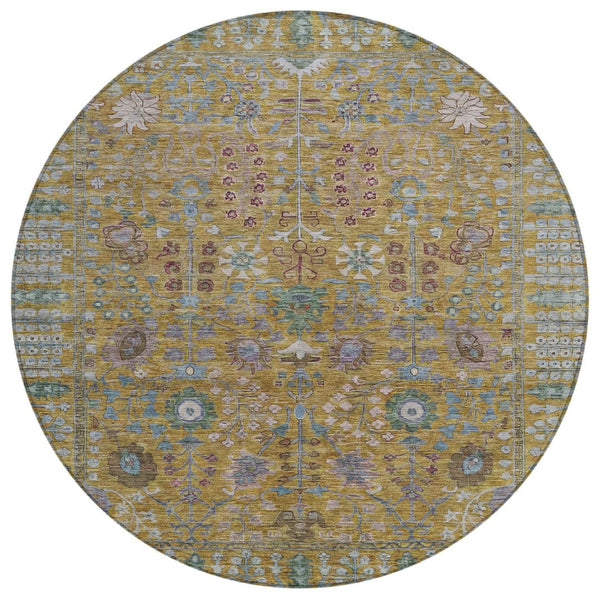 HomeRoots 8' Gold and Green Floral Washable Area Rug – Stylish Indoor/Outdoor Decor, Durable & Easy Care! 639565