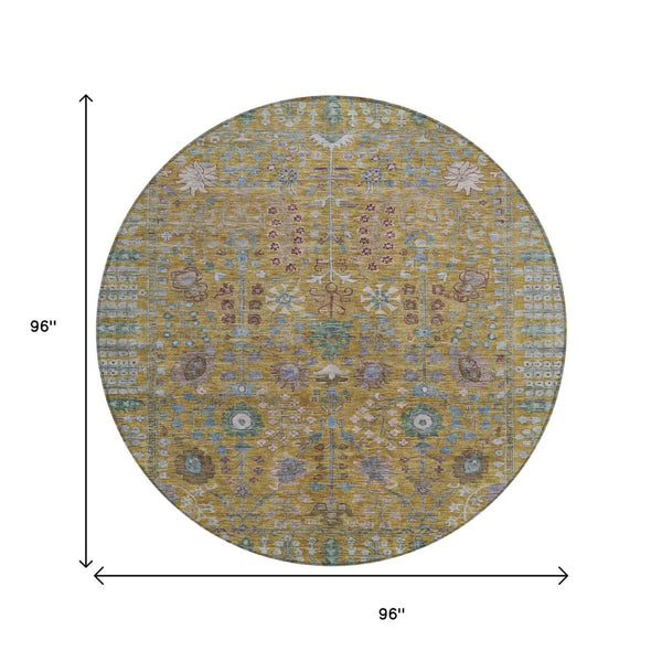 HomeRoots 8' Gold and Green Floral Washable Area Rug – Stylish Indoor/Outdoor Decor, Durable & Easy Care! 639565