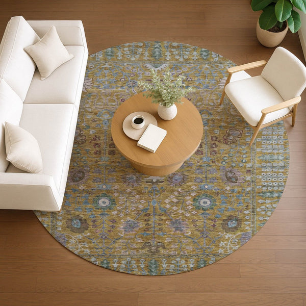HomeRoots 8' Gold and Green Floral Washable Area Rug – Stylish Indoor/Outdoor Decor, Durable & Easy Care! 639565