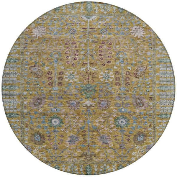 HomeRoots 8' Gold and Green Floral Washable Area Rug – Stylish Indoor/Outdoor Decor, Durable & Easy Care! 639565