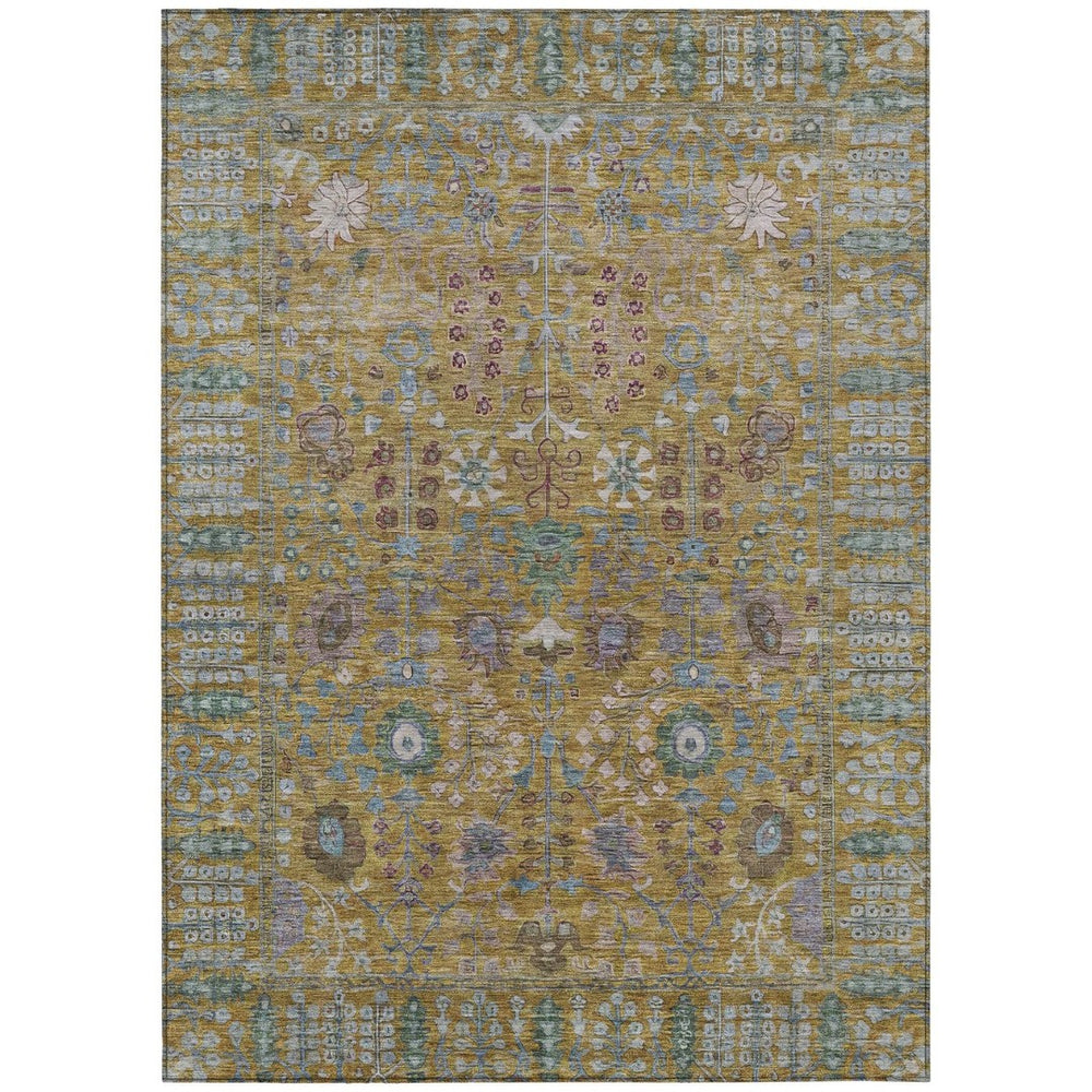 HomeRoots 8' X 10' Gold and Green Floral Area Rug - Durable, Washable, Ideal for Indoor & Outdoor Spaces! 639566
