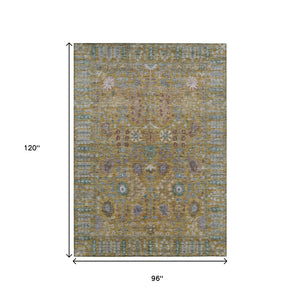 HomeRoots 8' X 10' Gold and Green Floral Area Rug - Durable, Washable, Ideal for Indoor & Outdoor Spaces! 639566