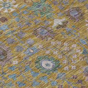 HomeRoots 8' X 10' Gold and Green Floral Area Rug - Durable, Washable, Ideal for Indoor & Outdoor Spaces! 639566