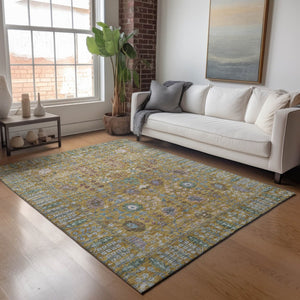 HomeRoots 8' X 10' Gold and Green Floral Area Rug - Durable, Washable, Ideal for Indoor & Outdoor Spaces! 639566