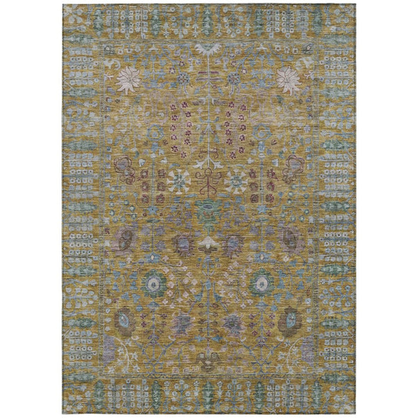 HomeRoots 9' X 12' Gold and Green Floral Washable Rug - Durable, Stylish, Perfect for Indoor & Outdoor Spaces! 639567