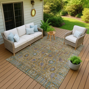 HomeRoots 9' X 12' Gold and Green Floral Washable Rug - Durable, Stylish, Perfect for Indoor & Outdoor Spaces! 639567