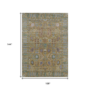 HomeRoots 9' X 12' Gold and Green Floral Washable Rug - Durable, Stylish, Perfect for Indoor & Outdoor Spaces! 639567