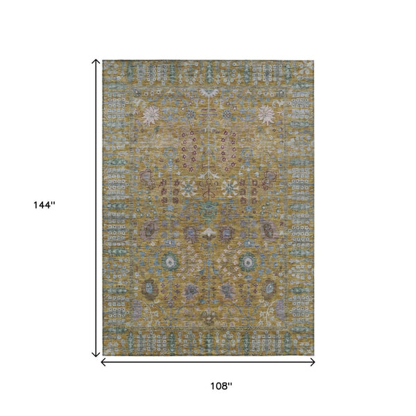 HomeRoots 9' X 12' Gold and Green Floral Washable Rug - Durable, Stylish, Perfect for Indoor & Outdoor Spaces! 639567