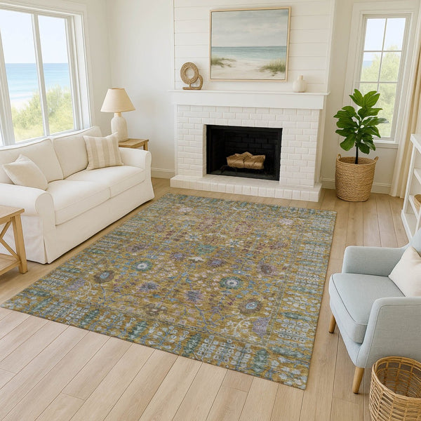 HomeRoots 9' X 12' Gold and Green Floral Washable Rug - Durable, Stylish, Perfect for Indoor & Outdoor Spaces! 639567