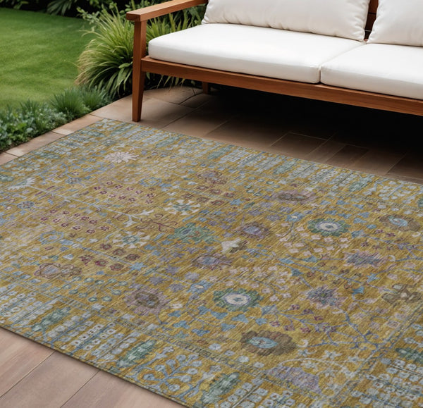 HomeRoots 10' Elegant Gold and Green Floral Washable Area Rug - Durable Indoor/Outdoor Accent for Every Space 639568