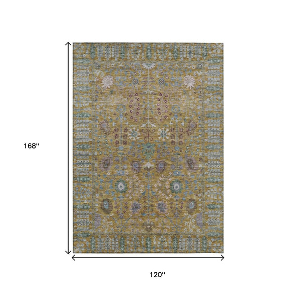 HomeRoots 10' Elegant Gold and Green Floral Washable Area Rug - Durable Indoor/Outdoor Accent for Every Space 639568