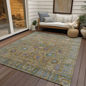 HomeRoots 10' Elegant Gold and Green Floral Washable Area Rug - Durable Indoor/Outdoor Accent for Every Space 639568