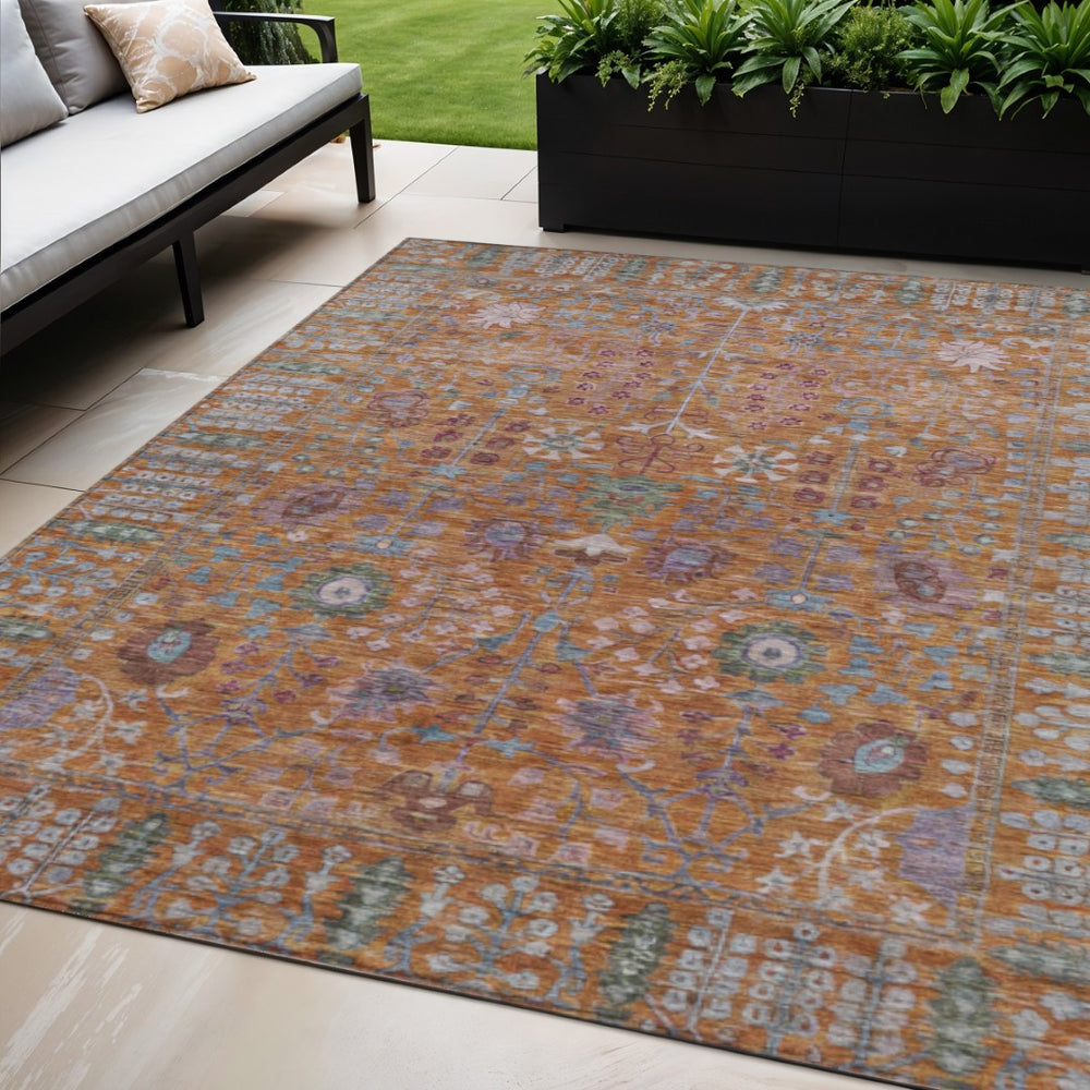 HomeRoots 5' X 8' Vibrant Orange & Green Floral Washable Rug - Ideal for Indoor & Outdoor Spaces, Easy Care! 639570
