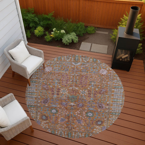 HomeRoots 8' Vibrant Orange and Green Round Floral Area Rug - Washable, Stain Resistant for Indoor/Outdoor Use 639571