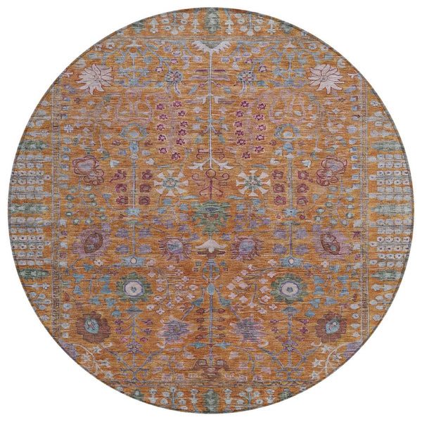 HomeRoots 8' Vibrant Orange and Green Round Floral Area Rug - Washable, Stain Resistant for Indoor/Outdoor Use 639571
