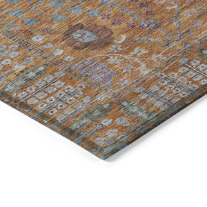 HomeRoots 8' Vibrant Orange and Green Round Floral Area Rug - Washable, Stain Resistant for Indoor/Outdoor Use 639571