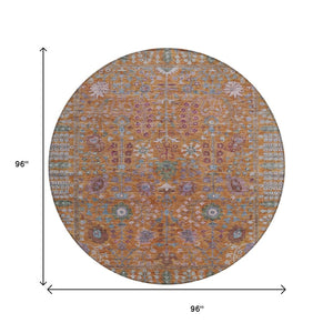 HomeRoots 8' Vibrant Orange and Green Round Floral Area Rug - Washable, Stain Resistant for Indoor/Outdoor Use 639571