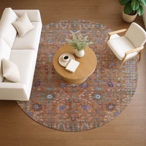 HomeRoots 8' Vibrant Orange and Green Round Floral Area Rug - Washable, Stain Resistant for Indoor/Outdoor Use 639571