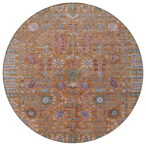 HomeRoots 8' Vibrant Orange and Green Round Floral Area Rug - Washable, Stain Resistant for Indoor/Outdoor Use 639571