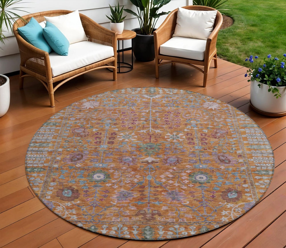 HomeRoots 8' Vibrant Orange and Green Round Floral Area Rug - Washable, Stain Resistant for Indoor/Outdoor Use 639571